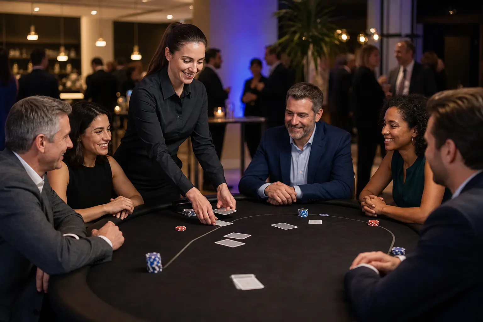 Profesjonalny stół pokerowy na wydarzeniu firmowym — goście przy rozgrywce