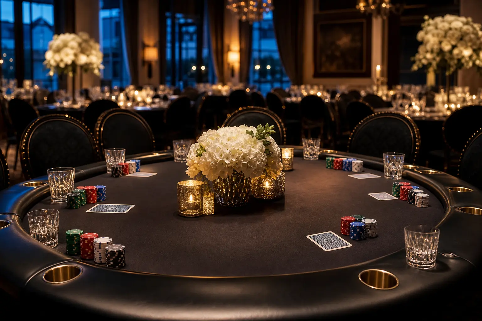 Elegancki stół pokerowy na gali wieczornej z pełnym wyposażeniem